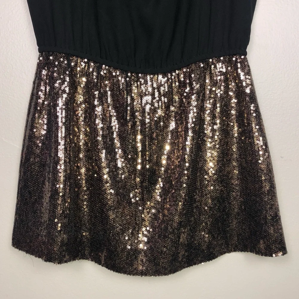 Express Y2K Blouson Mini Dress Black Drop Waist Copper Gold Sequin Skirt Size XS - Picture 5 of 8